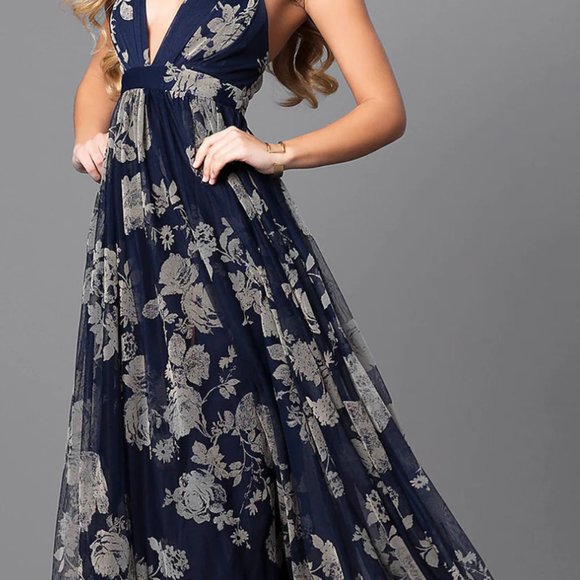 Navy blue and beige floral maxi dress - Picture 1 of 4